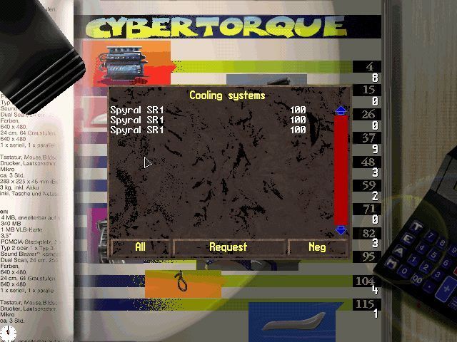 Team F1 (DOS) screenshot: The external parts market where additional parts can be bought. The screen is a series of icons, clicking on one, such as the cooling icon in this case, brings up a list of what's available.
