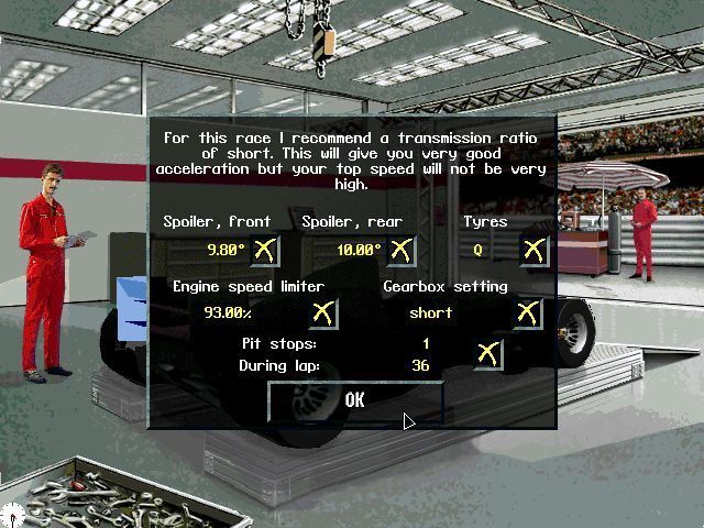 Team F1 (DOS) screenshot: The workshop crew is finally finished and this is how the tune up guy recommends the car is set up.