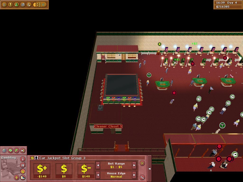 Vegas Tycoon (Windows) screenshot: A cleaner is required to maintain the casino floor and sweep up the litter generated by the customers. Then there's the bar, the kitchens etc