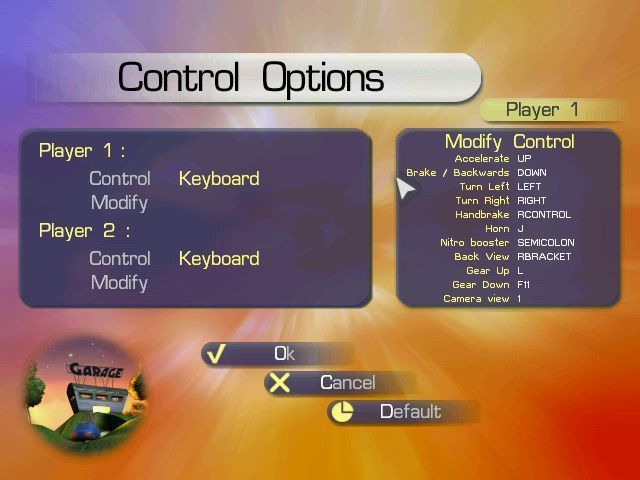 Beetle Buggin' (Windows) screenshot: There are controls to change display, sound and controller. Here the action keys can be reconfigured and the game can be changed to be played from a gamepad