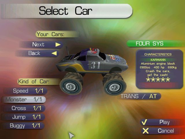 Beetle Buggin' (Windows) screenshot: This is the car selection screen at the start of the Monster Beetle time challenge