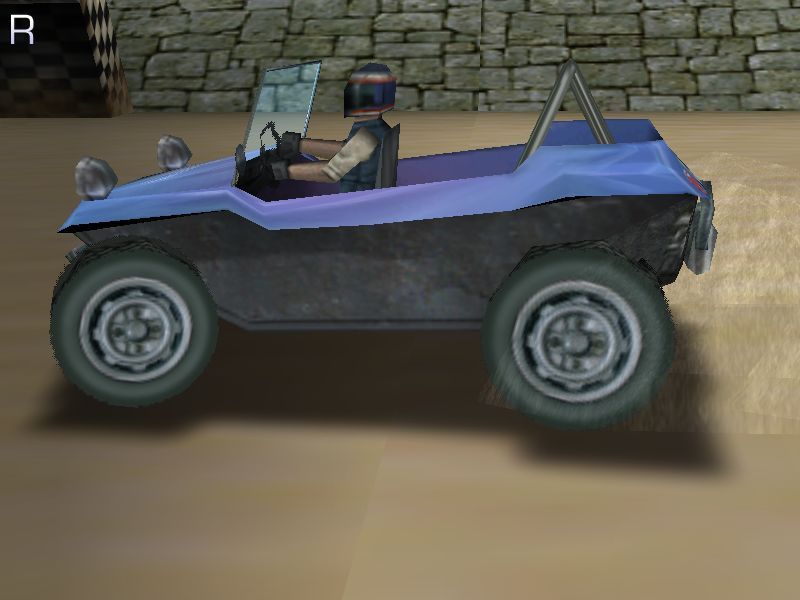 Beetle Buggin' (Windows) screenshot: A close up of a buggy in action. The 'R' in the top left shows that this is another shot from a race replay.