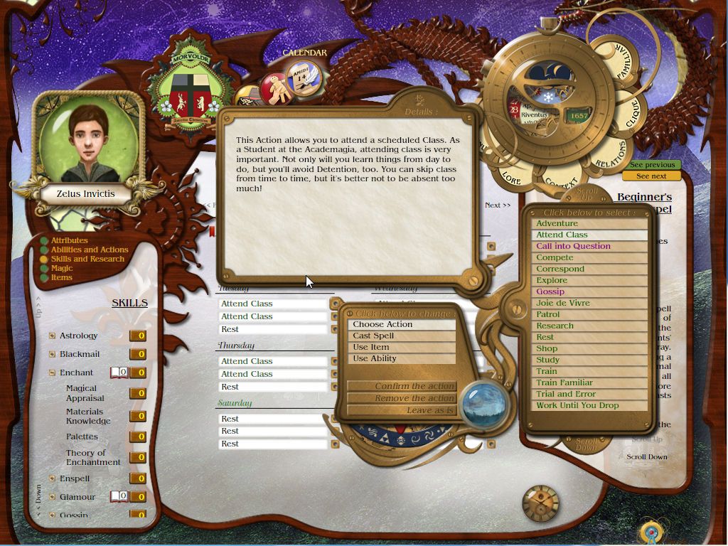 Academagia (Windows) screenshot: A major part of the game is planning your day in advance. At the moment it would be wise to train your weak skills (on the left). But you may choose any action...