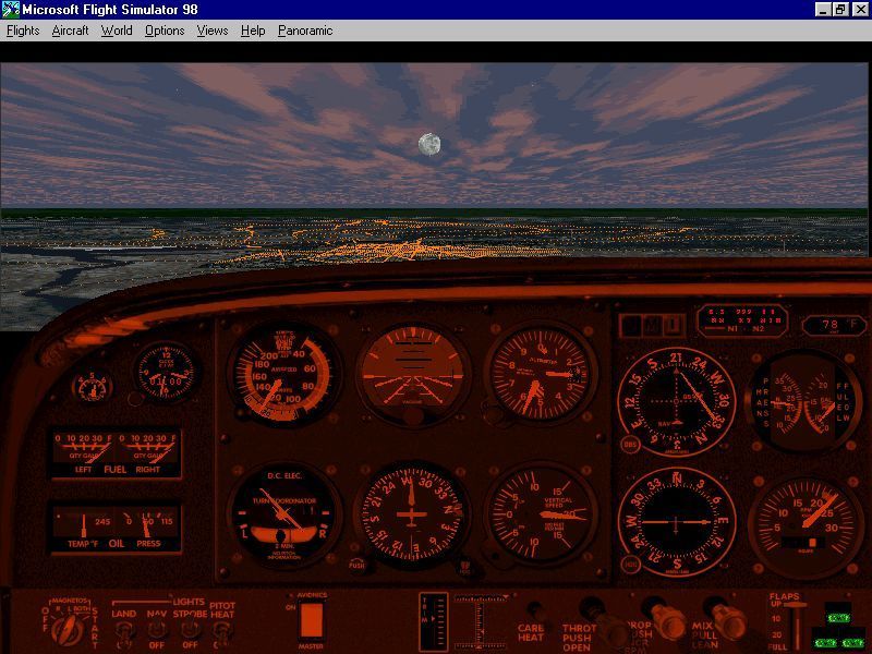 Washington D.C.: Scenery for Microsoft Flight Simulator 5 (DOS) screenshot: The final predefined flight is a night flight over Washington though it looks a lot more like dusk than night in this cockpit approach view