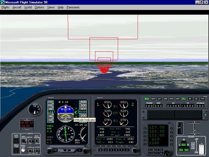 Washington D.C.: Scenery for Microsoft Flight Simulator 5 (DOS) screenshot: The DC-Lear runway approach has the pilot flying up the Potomac river, over the Woodrow Wilson bridge to land at National Airport. The red boxes are the pilots guide