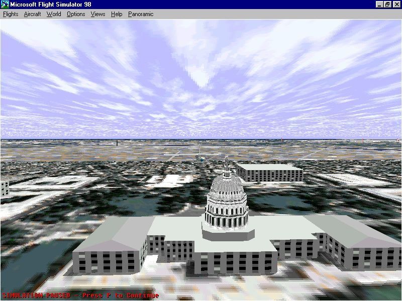 Washington D.C.: Scenery for Microsoft Flight Simulator 5 (DOS) screenshot: DC Mall area flight goes over the Capitol building