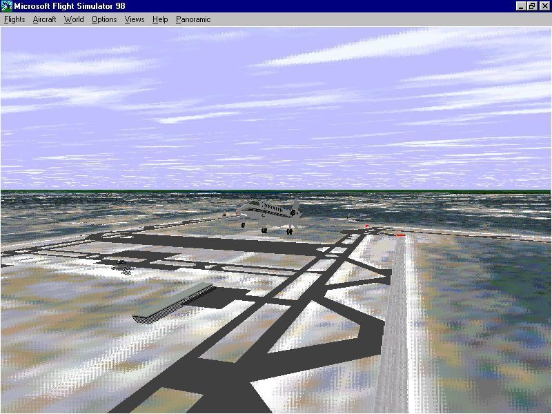 Washington D.C.: Scenery for Microsoft Flight Simulator 5 (DOS) screenshot: Just after take-off at Washington International airport using the new scenery. The colours are much less vibrant and more realistic.