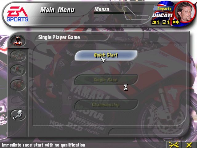 Superbike 2000 (Windows) screenshot: This is the game's main menu. It's displayed immediately after a screen full of licensing information. This is from a single race demo so some items are greyed out