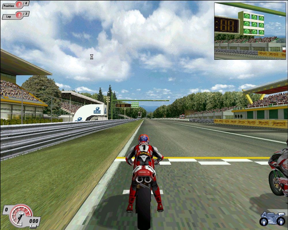 Superbike 2000 (Windows) screenshot: On the grid at the start. All lights are green, ready to start.