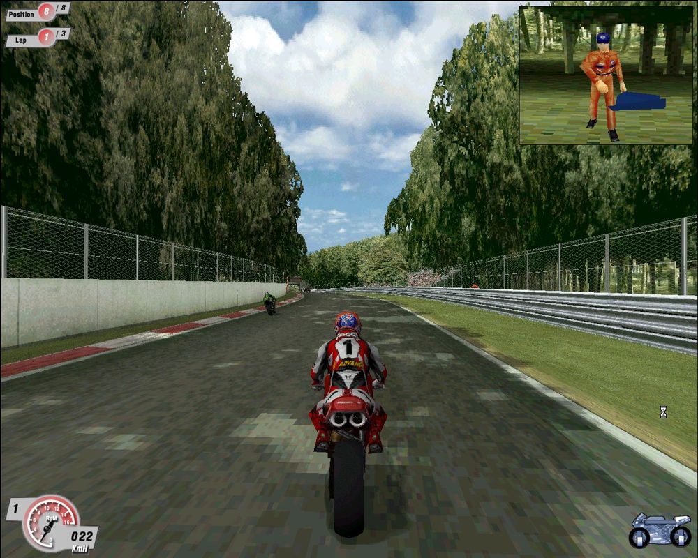 Superbike 2000 (Windows) screenshot: Top left shows race position (last). Bottom left shows speed, going slowly just to get a good screen shot - honest. Bottom right is the state of the bike. Top right is either lap times or animation