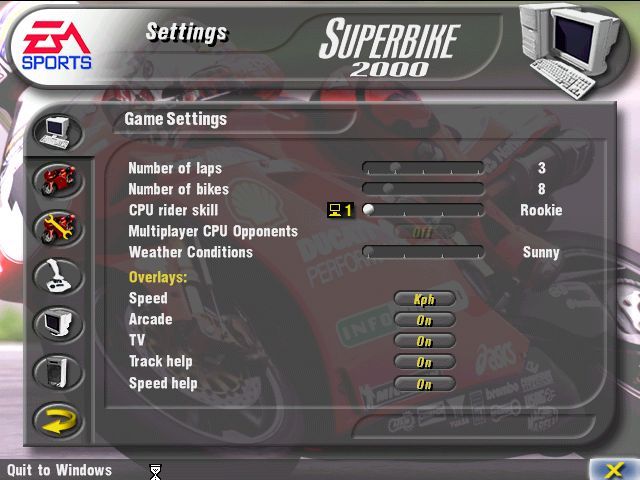Superbike 2000 (Windows) screenshot: Most menu screens have a pair of crossed tools in the lower right corner. This gives access to the game controls