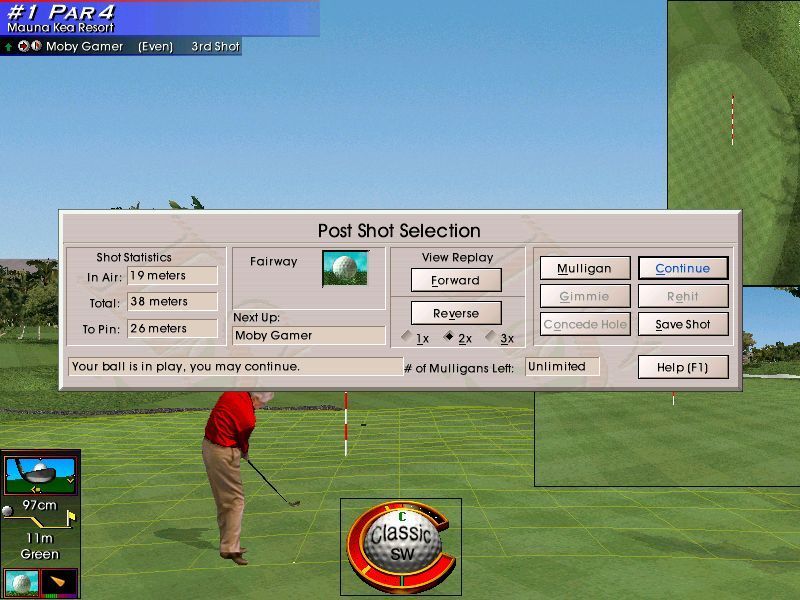 Links LS 2000 (Windows) screenshot: This round is being played with the classic three-click control. Click 1 starts, click 2 & 3 set the upper & lower limits