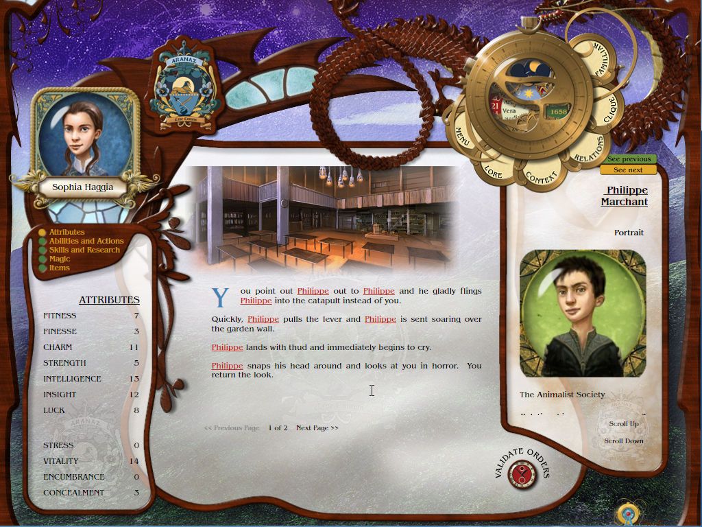 Academagia (Windows) screenshot: Sophia, on the other hand, has a... slightly different interaction with Philippe.