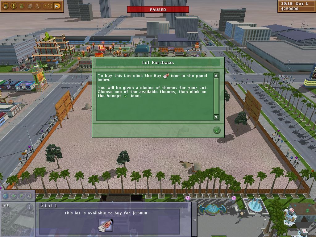 Vegas Tycoon (Windows) screenshot: This is how land is bought, now to buy a hotel. When the hotel is bought the player is offered a choice of themes.