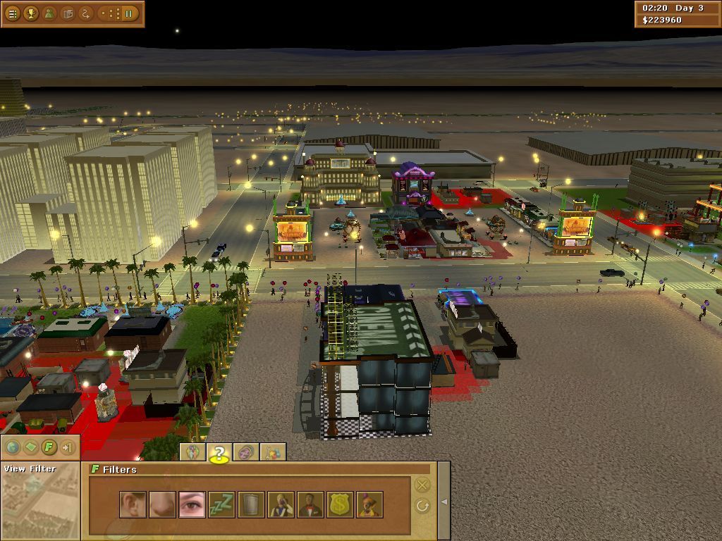 Vegas Tycoon (Windows) screenshot: The game has a set of 'filters' which change the view. These are management aids. Here the noise filter has been selected and noisy areas show up red.