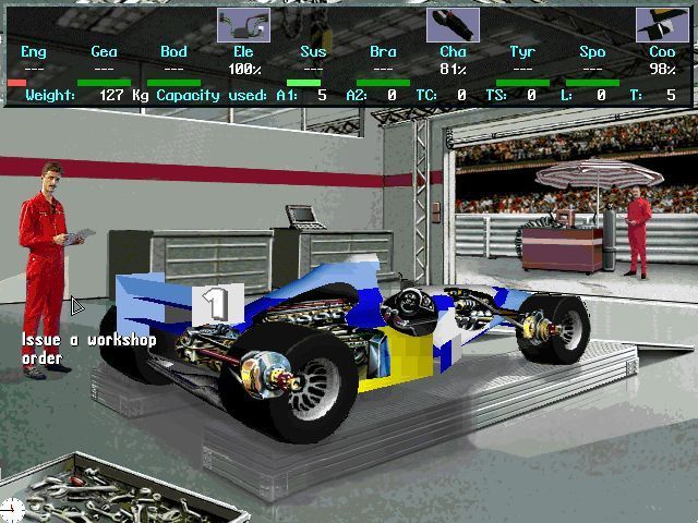 Team F1 (DOS) screenshot: Working on the car takes ages but the player can speed up game play by clicking on the clock in the lower left,
