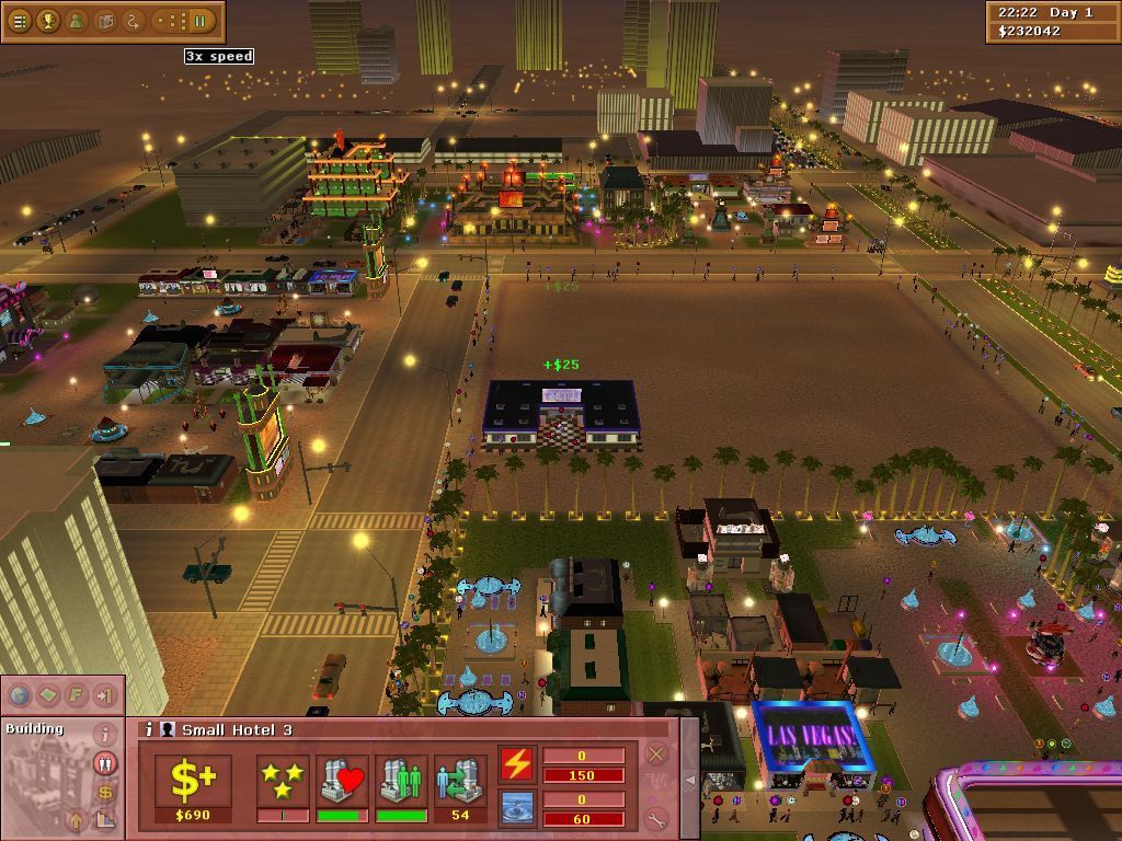 Vegas Tycoon (Windows) screenshot: The player can speed up the game and watch the money roll in. As guests spend money little green numbers appear. Why they seem to use the rooms for about an hour a time beats me...