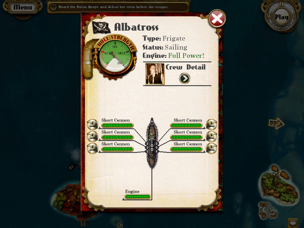 Crimson: Steam Pirates (iPad) screenshot: Reviewing the stats of my proud vessel.