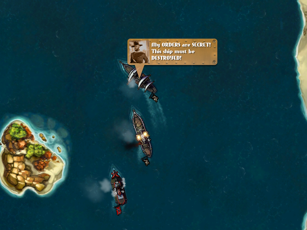 Crimson: Steam Pirates (iPad) screenshot: Looks like the enemy commander would rather see his ship sunk than stolen.