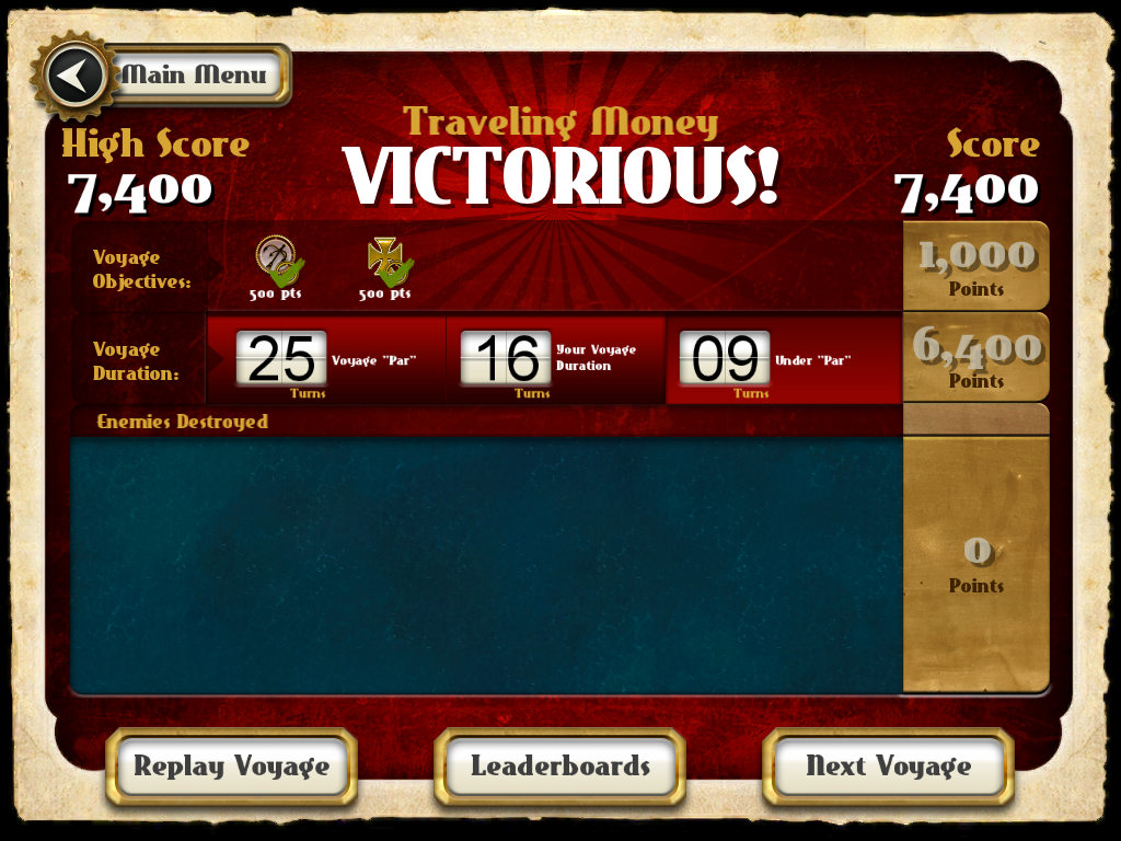 Crimson: Steam Pirates (iPad) screenshot: Time to see my score for this Voyage...