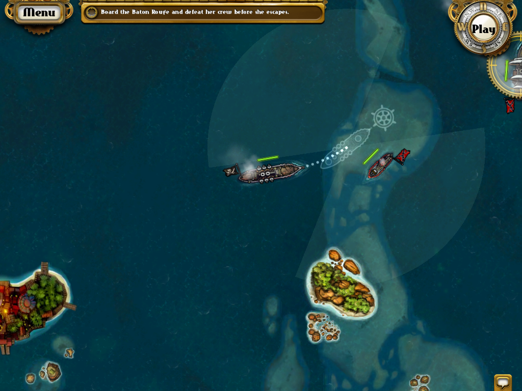 Crimson: Steam Pirates (iPad) screenshot: By touching the ship, the game displays the range of its cannons.