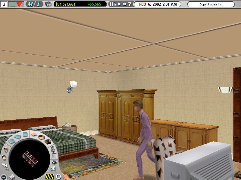 Hotel Giant (Windows) screenshot: Another guy in purple pyjamas! Note the room's decor and then check the next picture