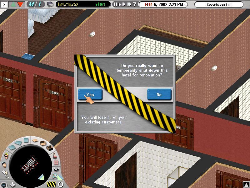Hotel Giant (Windows) screenshot: The player sometimes has to make alterations to the hotel, in this scenario it's rearranging the room layout. For this the 'Close Hotel' function, highlighted in the lower left, is used