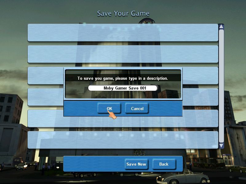 Hotel Giant (Windows) screenshot: The Save Game screen. The save games are named automatically but the player can over-ride this and enter their own name. Nice to see that a decent field length is allowed