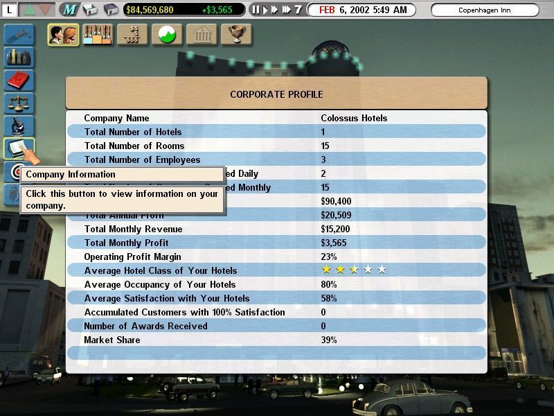 Hotel Giant (Windows) screenshot: This screen comes into its own as more hotels get added into the empire. The icons across the top of the screen give access to performance stats, financial information and more.