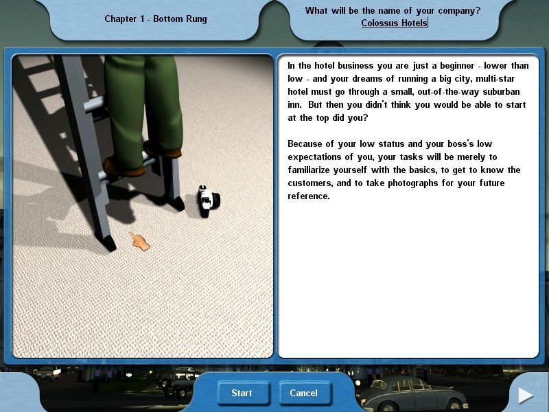 Hotel Giant (Windows) screenshot: This is the first scenario in the Learning Campaign. It's the virtually the same scenario as is used in the basic tutorial