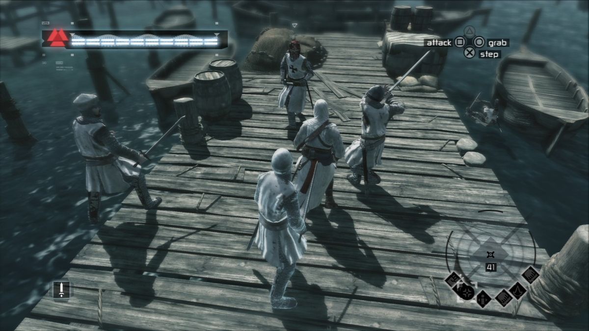 Assassin's Creed (PlayStation 3) screenshot: Grab the soldiers and throw them into a water for a quick kill, but watch out as they can do the same to you... apparently nobody swims, armored plate or not.