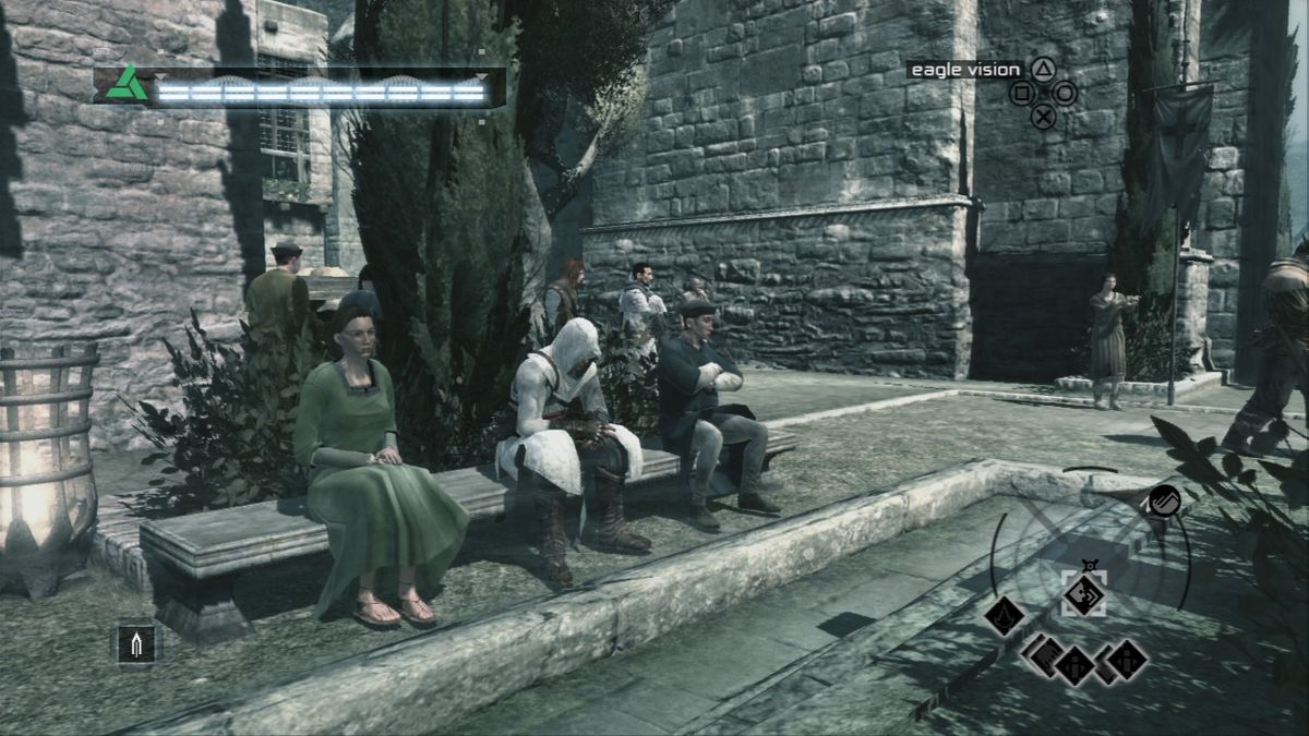 Assassin's Creed (PlayStation 3) screenshot: Sit on the benches to hide from the guards by blending in with the town folk.