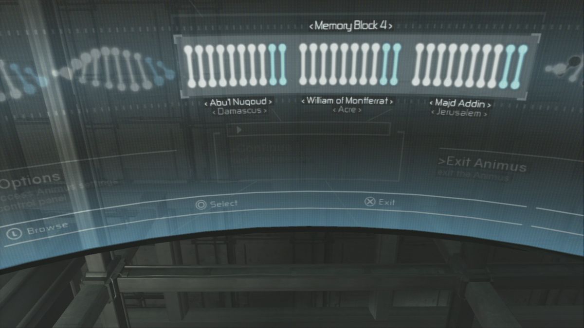 Assassin's Creed (PlayStation 3) screenshot: In Animus device you can select memory you wish to experience.