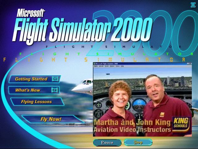 Microsoft Flight Simulator 2000: Professional Edition (Windows) screenshot: The flight simulation loads and displays this screen. The size is fixed and, on a screen that's displaying at a higher resolution, the 'Getting Started' video plays in a really tiny window.