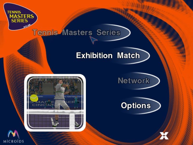 Tennis Masters Series (Windows) screenshot: The game's main menu. This is from a demo version so some options are greyed out. As the mouse passes over the options a different picture is displayed.