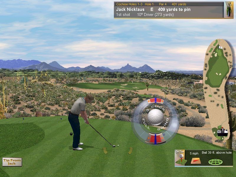 Jack Nicklaus 6: Golden Bear Challenge (Windows) screenshot: This is the swing meter. It's mouse driven. Click 1 starts the swing and the player must click again when the power bar is in each red zone to set the ideal power for the shot
