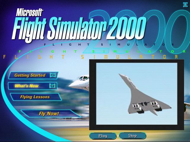 Microsoft Flight Simulator 2000: Professional Edition (Windows) screenshot: The 'What's New' section is a video sequence that shows the new planes & features. It also displays in a fixed size window.