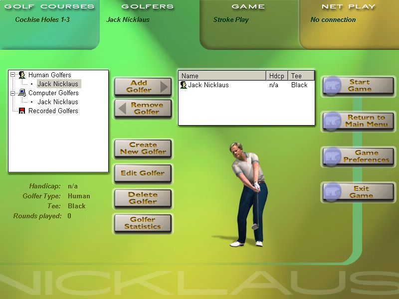Jack Nicklaus 6: Golden Bear Challenge (Windows) screenshot: In the full game there are more golfers to play with. The player can even create their own golfer. In this demo the player plays as Big Jack Nicklaus