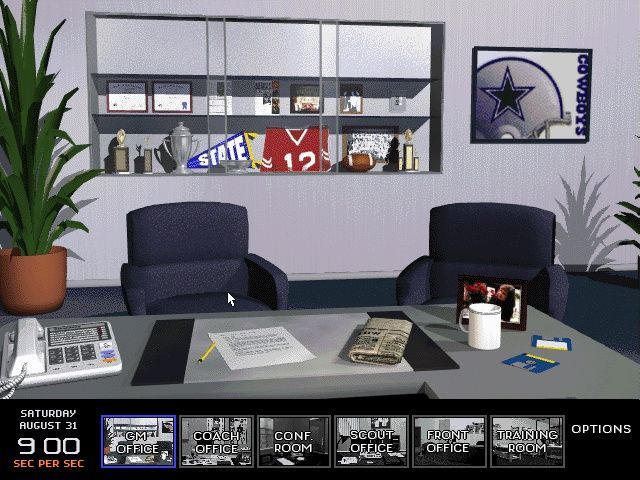 Total Control Football (DOS) screenshot: Manager office