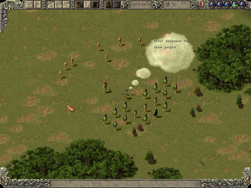 Theocracy (Windows) screenshot: The hero and his band of warrior brothers at the start of their first mission. These civilians are running away from something. What could it be?