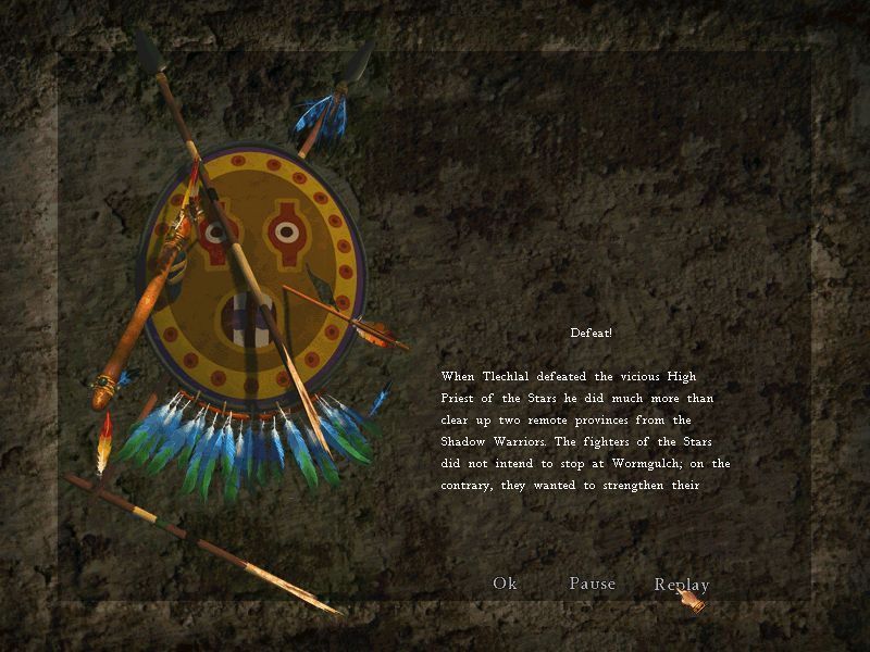 Theocracy (Windows) screenshot: This screen, with variations on the message, is displayed whenever a character loses