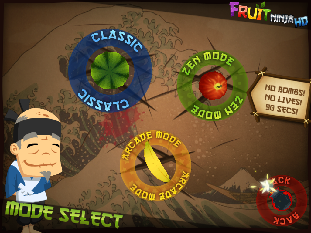 Fruit Ninja (iPad) screenshot: The 3 available game modes