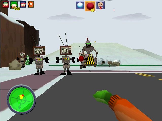 South Park (Windows) screenshot: Large "tank" enemies spawn smaller "minion" enemies. You have to stop the tanks.