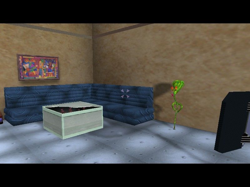 Conspiracies (Windows) screenshot: Nick's apartment comes complete with beer case table and sentient plant.