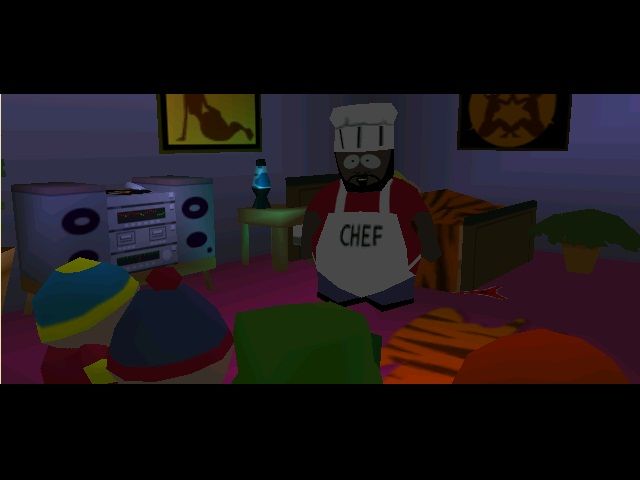 South Park (Windows) screenshot: Inside the Luv Shack, Chef lays out the mission.