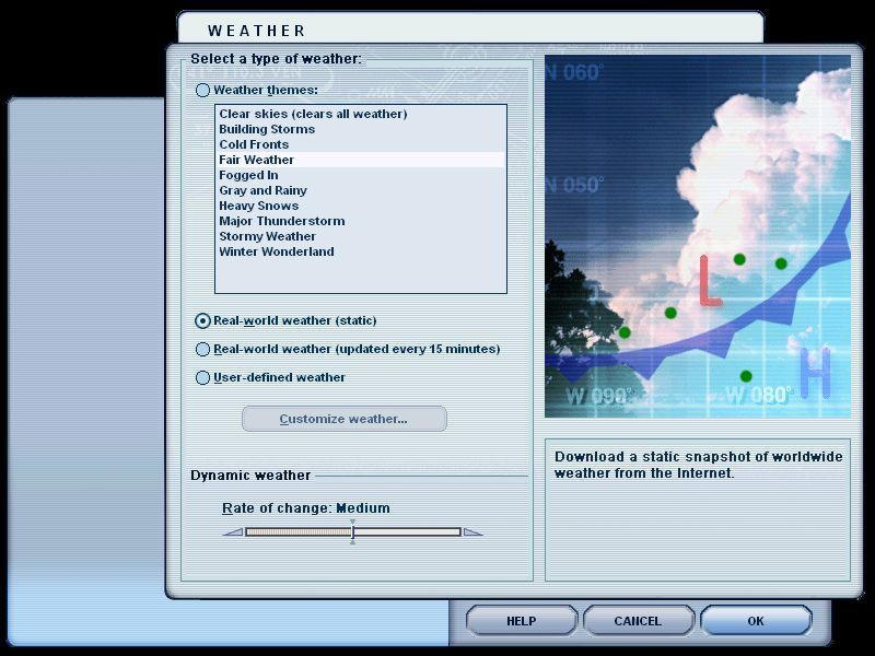 Microsoft Flight Simulator 2004: A Century of Flight (Windows) screenshot: This is the weather selection screen. It can be accessed in-flight or in the Flight Creation section. It allows real-world real-time weather information to affect the flight