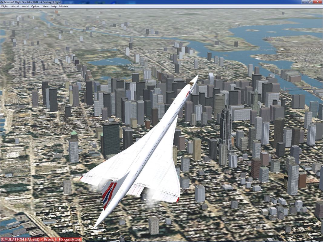 Microsoft Flight Simulator 2004: A Century of Flight (Windows) screenshot: One of the great things about the flight simulator series is the ability to add to it. Here a 3rd party Concorde is flying over the default New York scenery