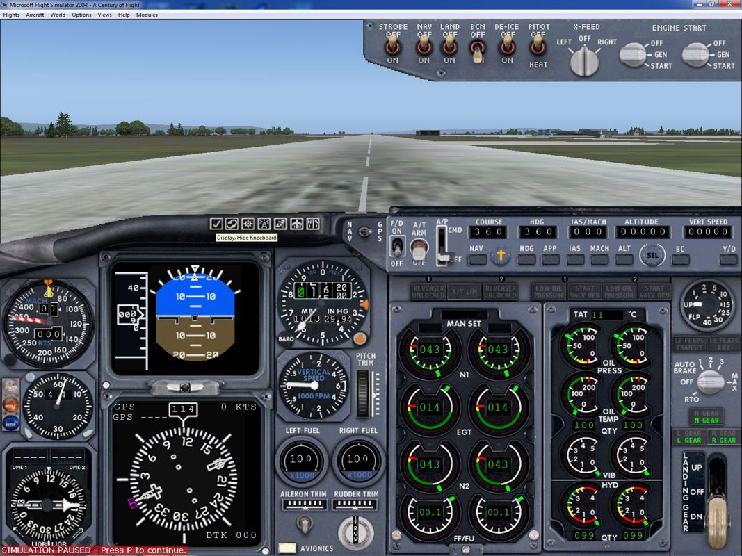 Microsoft Flight Simulator 2004: A Century of Flight (Windows) screenshot: The cockpit of the Boeing 737. On the display just below the windscreen are seven icons, one of them is labelled in this shot. These are toggle switches which display additional instrument panels.