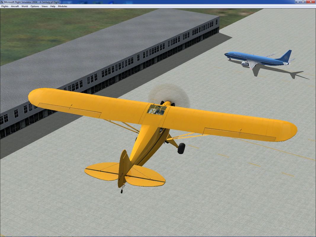 Microsoft Flight Simulator 2004: A Century of Flight (Windows) screenshot: The Piper J-3 Cub is the plane that, allegedly, 75% of all American airmen in WWII learned to fly in. Here it's flying a circuit around Bratsk airport, Russia