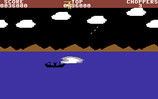 Whirlybird (Commodore 64) screenshot: Bomb voyage battleship!